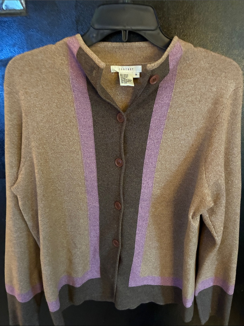 Co & Eddy Y2K Brown/Lavender Trim Button-Front Cardigan Cotton Blend M